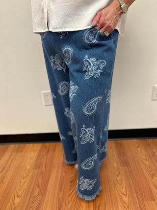 Umgee Denim Paisley Wide - Leg Pants - All About Me Boutique