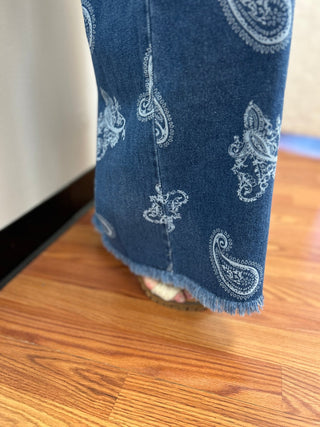Umgee Denim Paisley Wide - Leg Pants - All About Me Boutique