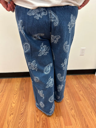 Umgee Denim Paisley Wide - Leg Pants - All About Me Boutique