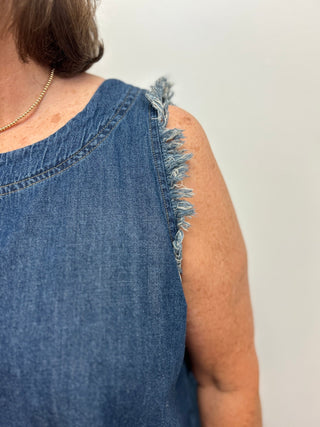 Umgee Denim Sleeveless Fringe Hem Top - All About Me Boutique