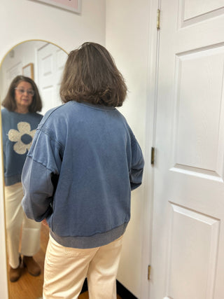 Umgee Floral Crochet Patch Mineral Wash Sweatshirt - All About Me Boutique