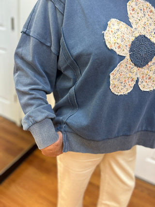 Umgee Floral Crochet Patch Mineral Wash Sweatshirt - All About Me Boutique