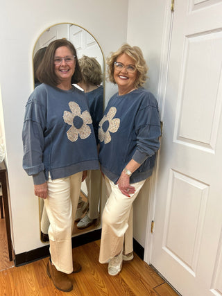 Umgee Floral Crochet Patch Mineral Wash Sweatshirt - All About Me Boutique