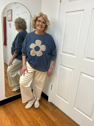 Umgee Floral Crochet Patch Mineral Wash Sweatshirt - All About Me Boutique