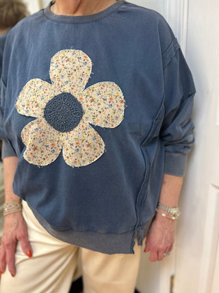 Umgee Floral Crochet Patch Mineral Wash Sweatshirt - All About Me Boutique