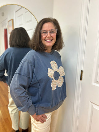 Umgee Floral Crochet Patch Mineral Wash Sweatshirt - All About Me Boutique
