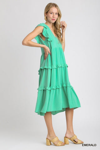 Umgee Flutter Sleeve Ruffle Tiered Midi Dress in Emerald - All About Me Boutique