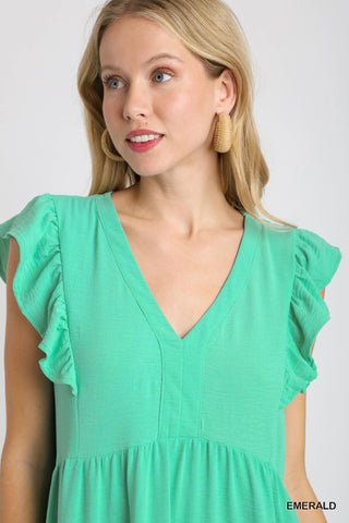 Umgee Flutter Sleeve Ruffle Tiered Midi Dress in Emerald - All About Me Boutique