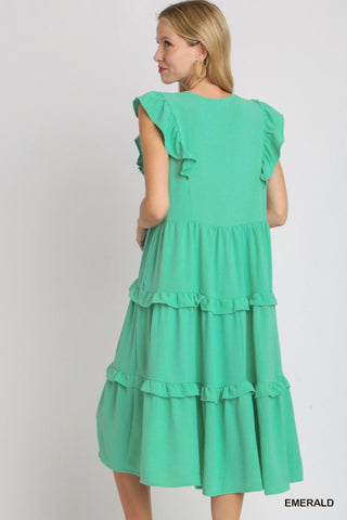 Umgee Flutter Sleeve Ruffle Tiered Midi Dress in Emerald - All About Me Boutique