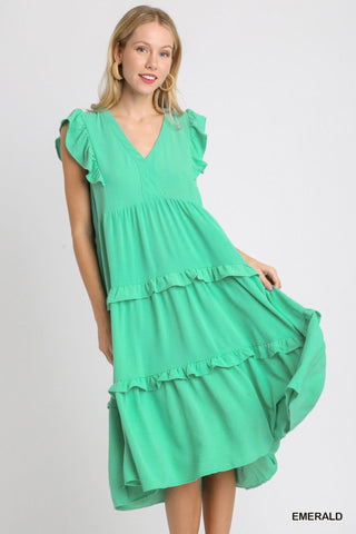 Umgee Flutter Sleeve Ruffle Tiered Midi Dress in Emerald - All About Me Boutique