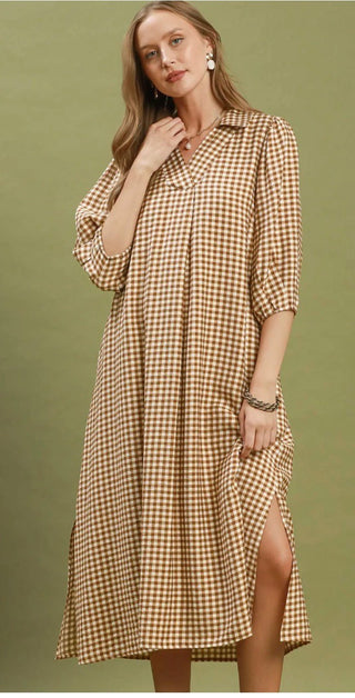 Umgee Gingham Check Collared Midi Dress - All About Me Boutique