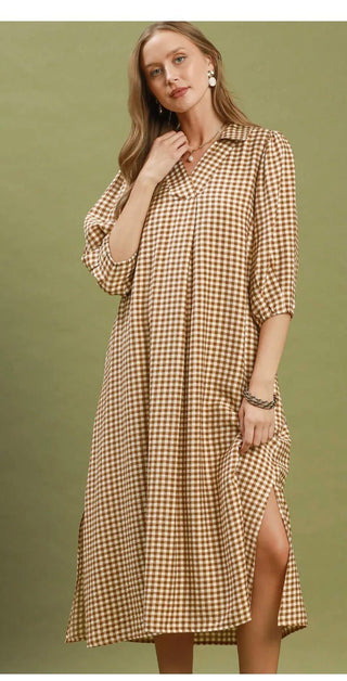 Umgee Gingham Check Collared Midi Dress - All About Me Boutique
