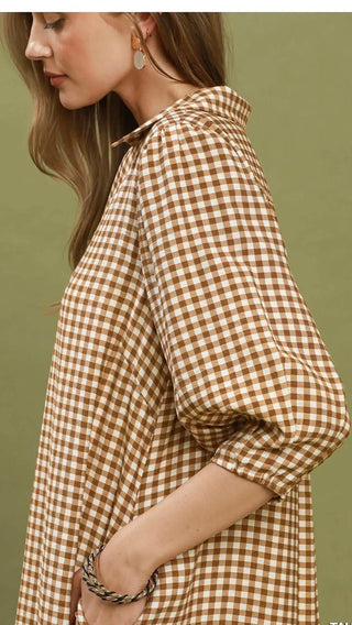 Umgee Gingham Check Collared Midi Dress - All About Me Boutique