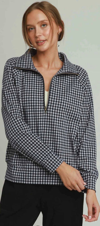 Umgee Gingham Half Zip Pullover - All About Me Boutique