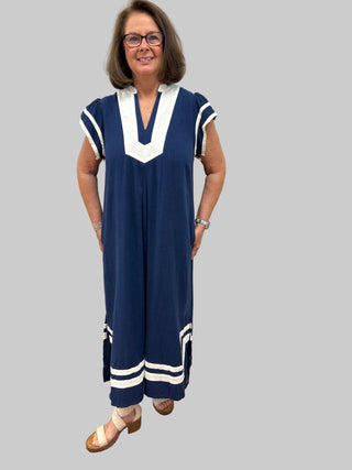 Umgee Linen Cotton Contrast Neckline Midi Dress - All About Me Boutique