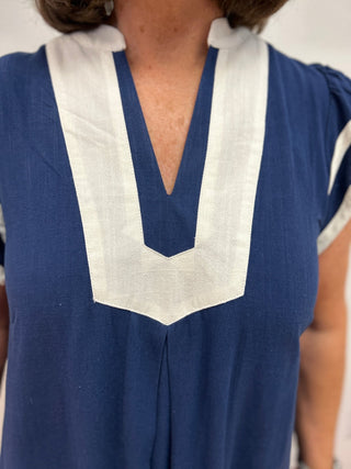 Umgee Linen Cotton Contrast Neckline Midi Dress - All About Me Boutique