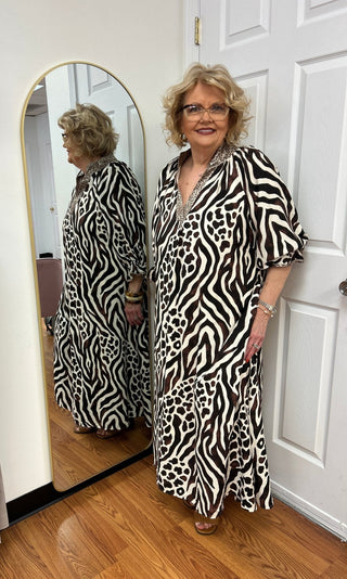 Umgee Mixed Animal Print Tie-Waist Midi Dress - All About Me Boutique