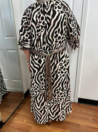Umgee Mixed Animal Print Tie-Waist Midi Dress - All About Me Boutique