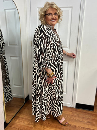 Umgee Mixed Animal Print Tie-Waist Midi Dress - All About Me Boutique