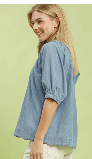 Umgee Pin Dot Chambray Top - All About Me Boutique