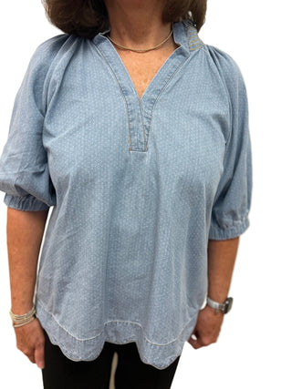 Umgee Pin Dot Chambray Top - All About Me Boutique