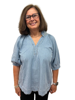 Umgee Pin Dot Chambray Top - All About Me Boutique