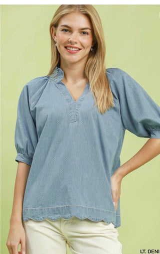 Umgee Pin Dot Chambray Top - All About Me Boutique