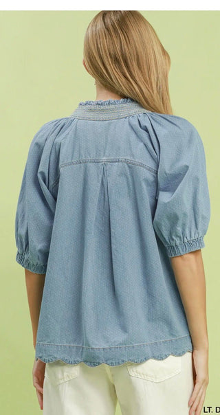Umgee Pin Dot Chambray Top - All About Me Boutique