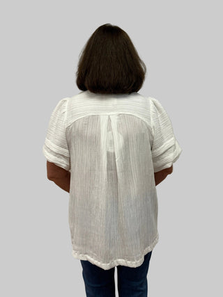 Umgee Seersucker Bubble Sleeve V - Neck Blouse - All About Me Boutique