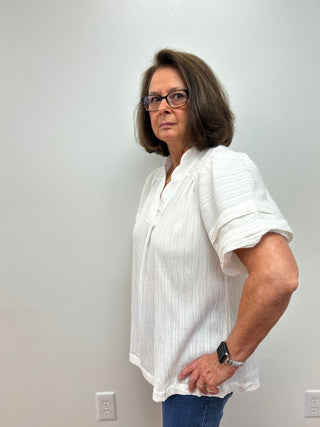 Umgee Seersucker Bubble Sleeve V - Neck Blouse - All About Me Boutique