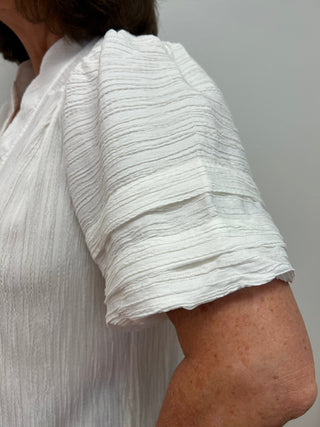 Umgee Seersucker Bubble Sleeve V - Neck Blouse - All About Me Boutique