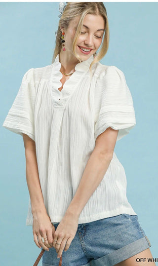 Umgee Seersucker Bubble Sleeve V - Neck Blouse - All About Me Boutique