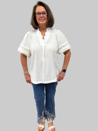 Umgee Seersucker Bubble Sleeve V - Neck Blouse - All About Me Boutique