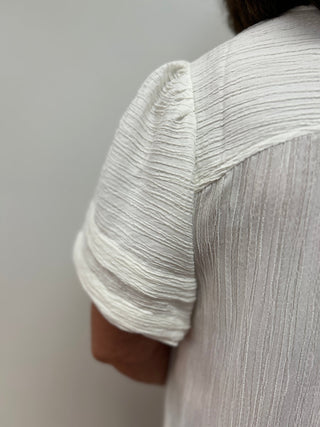 Umgee Seersucker Bubble Sleeve V - Neck Blouse - All About Me Boutique