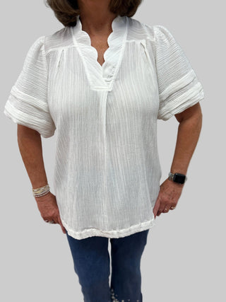 Umgee Seersucker Bubble Sleeve V - Neck Blouse - All About Me Boutique