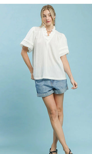 Umgee Seersucker Bubble Sleeve V - Neck Blouse - All About Me Boutique