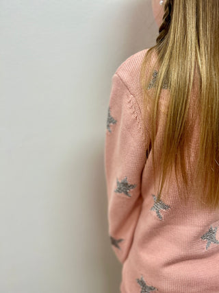 Vignette Girls Pink Sweater with Silver Stars - Cotton Knit Top - All About Me Boutique