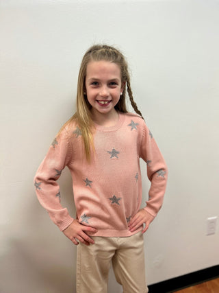 Vignette Girls Pink Sweater with Silver Stars - Cotton Knit Top - All About Me Boutique