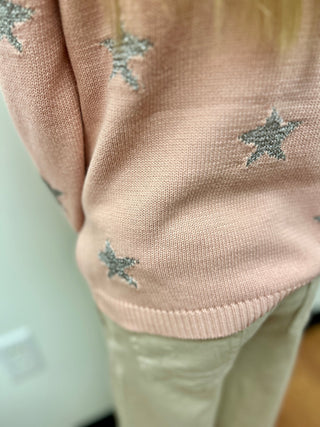 Vignette Girls Pink Sweater with Silver Stars - Cotton Knit Top - All About Me Boutique