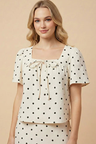 Womens Polka Dot Tie Detail Square Neck Top - All About Me Boutique