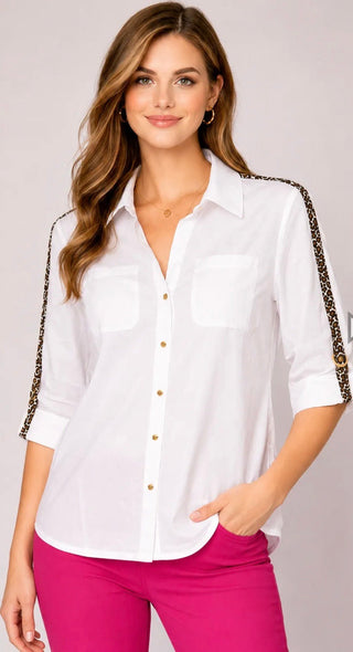 Zac and Rachel Poplin Leopard Trim Blouse - All About Me Boutique