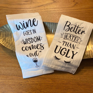 CW Scrunchy Face Tea Towels = Funny Flour Sack Cotton - All About Me Boutique